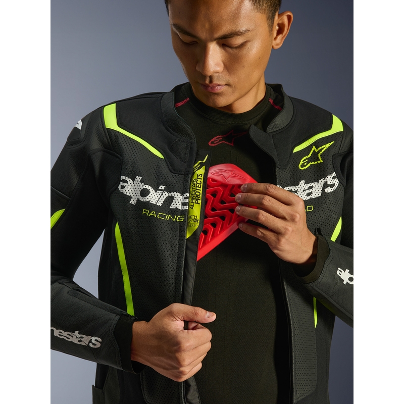 Blouson de moto en cuir Alpinestars GP Force V2 Airflow noir et jaune fluo