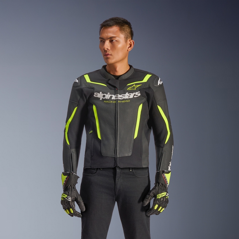 Blouson de moto en cuir Alpinestars GP Force V2 Airflow noir et jaune fluo