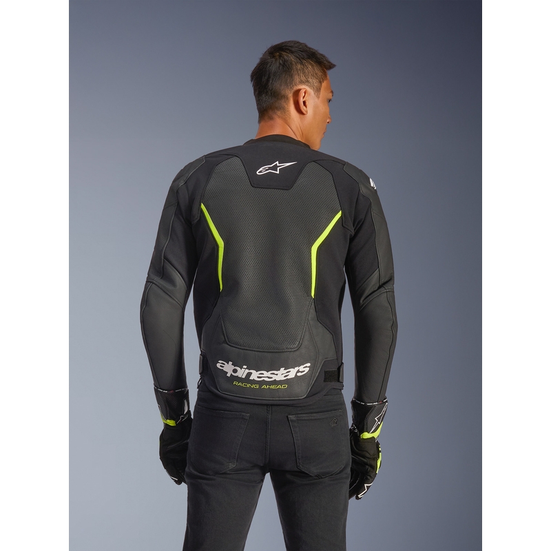 Blouson de moto en cuir Alpinestars GP Force V2 Airflow noir et jaune fluo