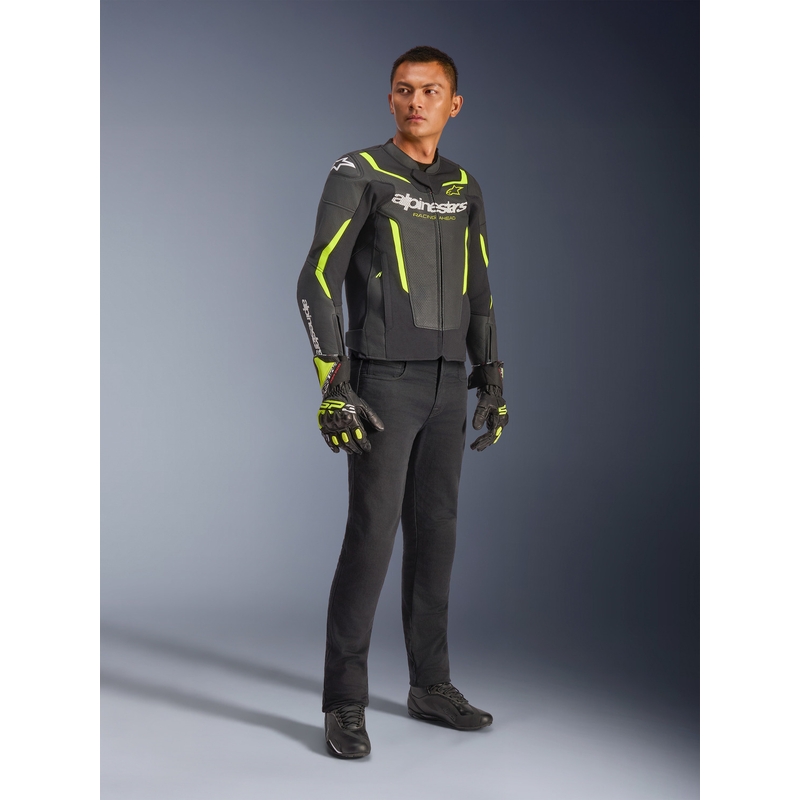 Blouson de moto en cuir Alpinestars GP Force V2 Airflow noir et jaune fluo