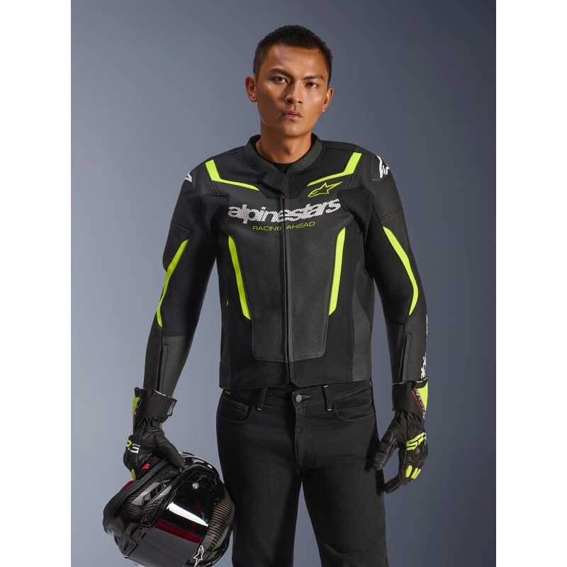 Blouson de moto en cuir Alpinestars GP Force V2 Airflow noir et jaune fluo