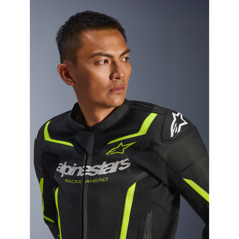Blouson de moto en cuir Alpinestars GP Force V2 Airflow noir et jaune fluo