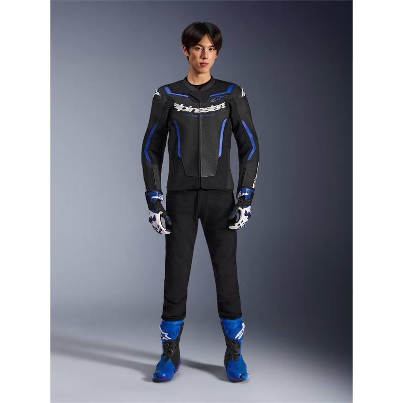 Blouson de moto en cuir Alpinestars GP Force V2 Airflow noir et bleu métallisé