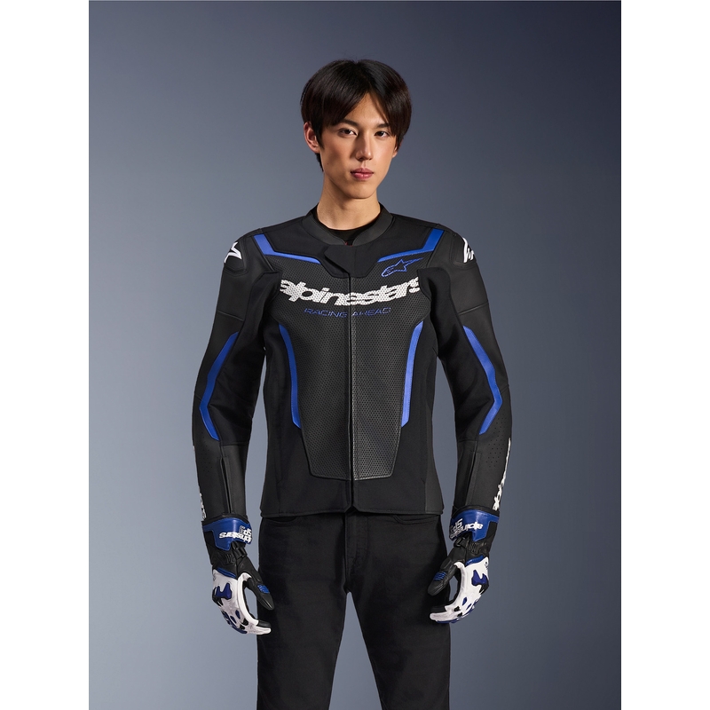 Blouson de moto en cuir Alpinestars GP Force V2 Airflow noir et bleu métallisé
