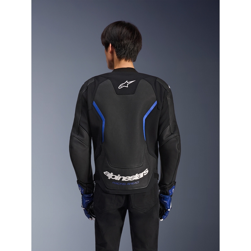 Blouson de moto en cuir Alpinestars GP Force V2 Airflow noir et bleu métallisé