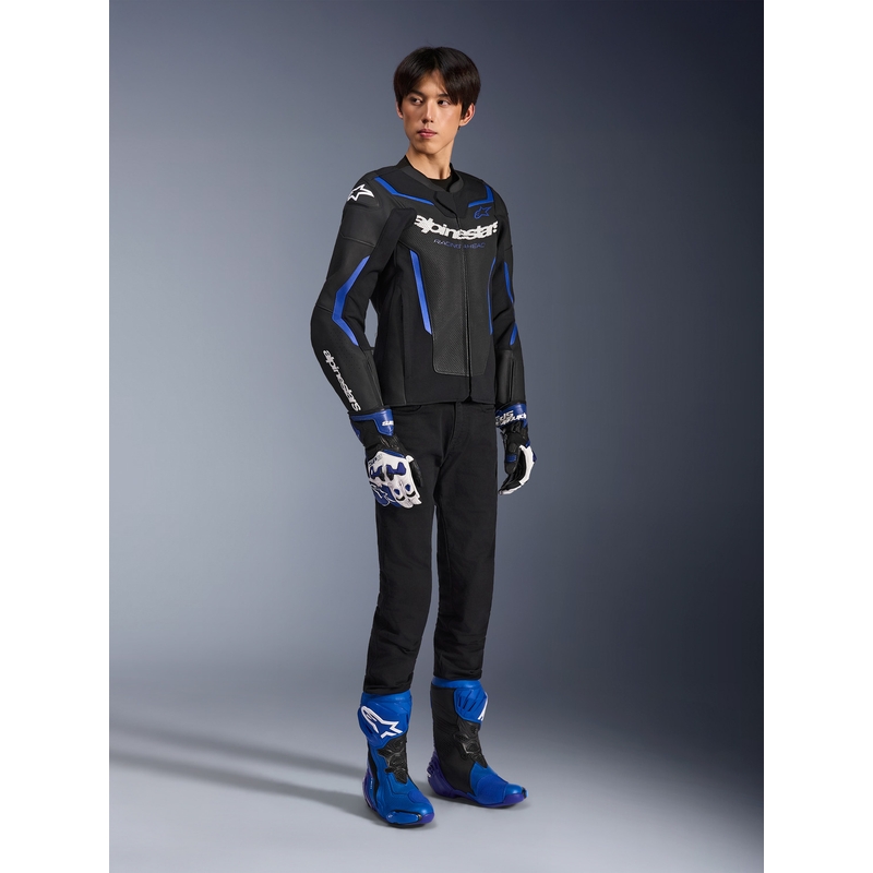 Blouson de moto en cuir Alpinestars GP Force V2 Airflow noir et bleu métallisé