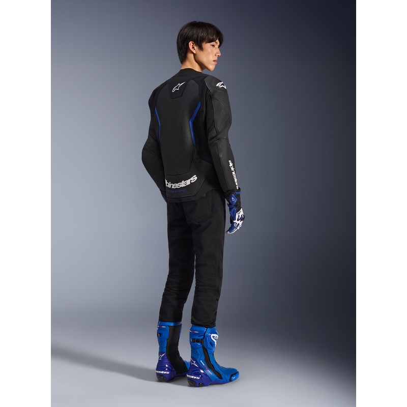 Blouson de moto en cuir Alpinestars GP Force V2 Airflow noir et bleu métallisé