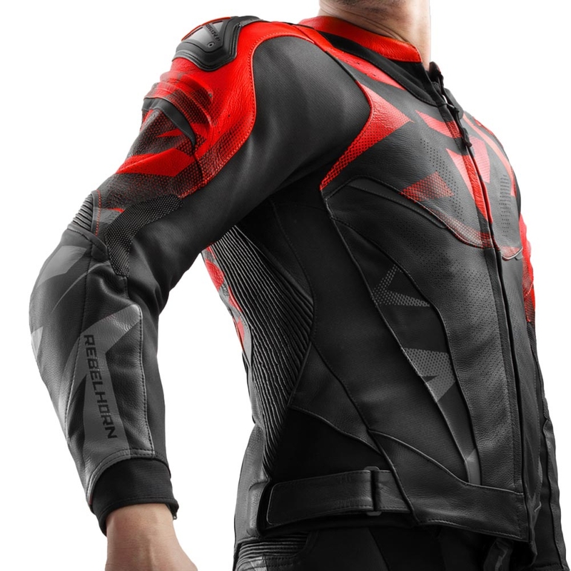 Blouson de moto en cuir Rebelhorn Inferno noir et rouge fluo