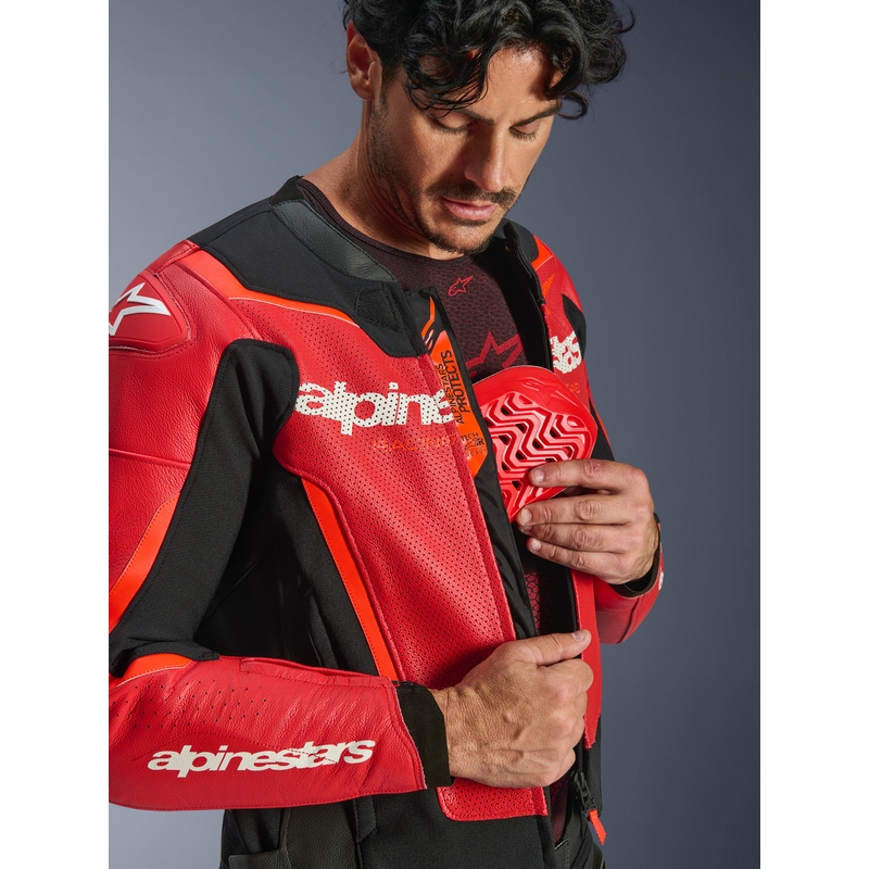 Blouson de moto en cuir Alpinestars GP Force V2 Airflow rouge fluo-noir-blanc