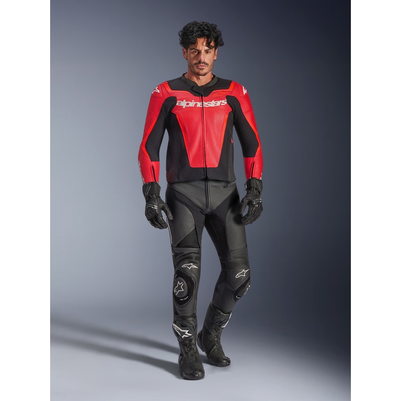 Blouson de moto en cuir Alpinestars GP Force V2 Airflow rouge fluo-noir-blanc