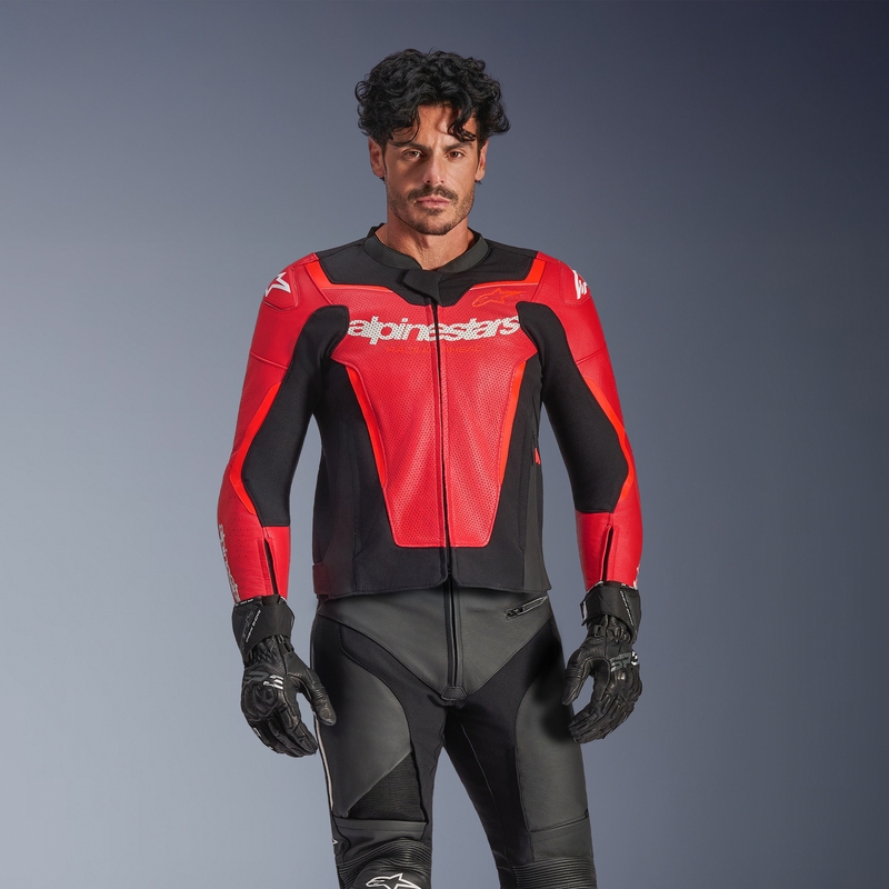 Blouson de moto en cuir Alpinestars GP Force V2 Airflow rouge fluo-noir-blanc