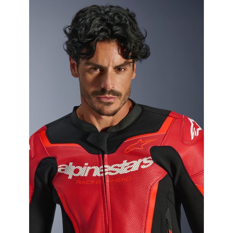 Blouson de moto en cuir Alpinestars GP Force V2 Airflow rouge fluo-noir-blanc