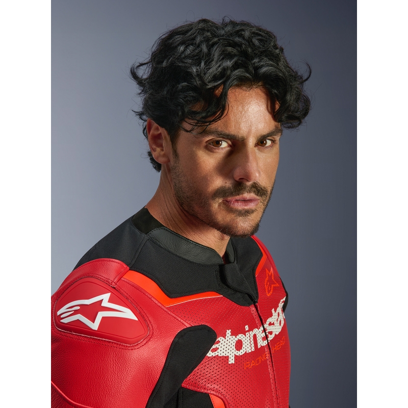 Blouson de moto en cuir Alpinestars GP Force V2 Airflow rouge fluo-noir-blanc