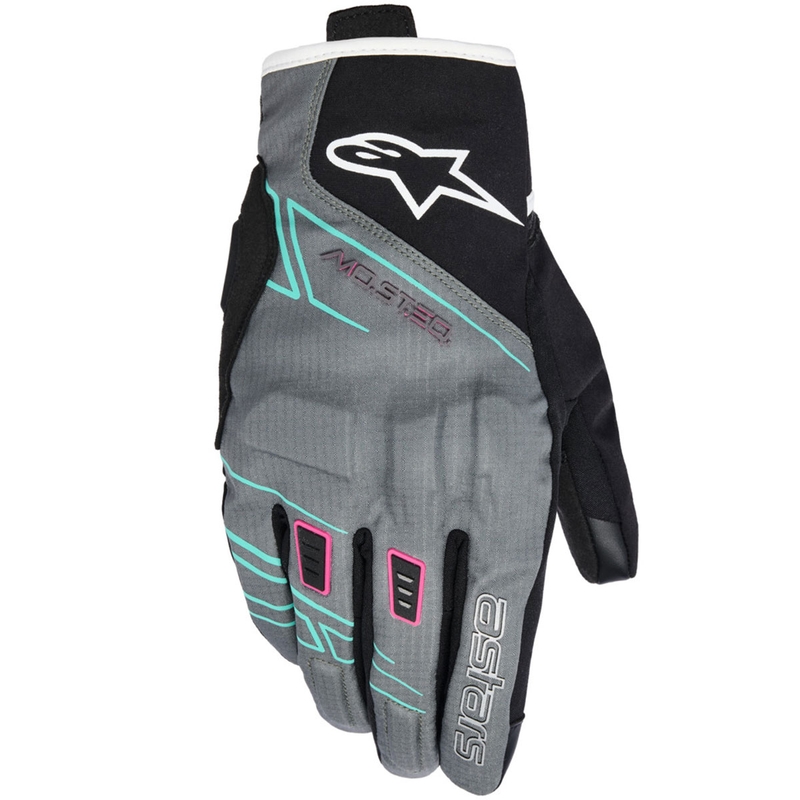 Gants de moto pour femmes Alpinestars STELLA MOBLAST WATERPROOF gris-noir-rose fluo-turquoise-blanc