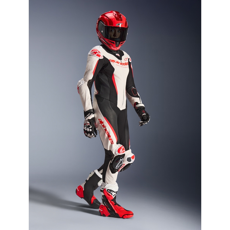 Combinaison moto en cuir une pièce pour femme Alpinestars Stella GP-R7 blanc-rouge fluo-noir