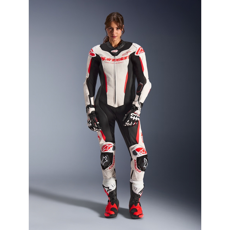 Combinaison moto en cuir une pièce pour femme Alpinestars Stella GP-R7 blanc-rouge fluo-noir