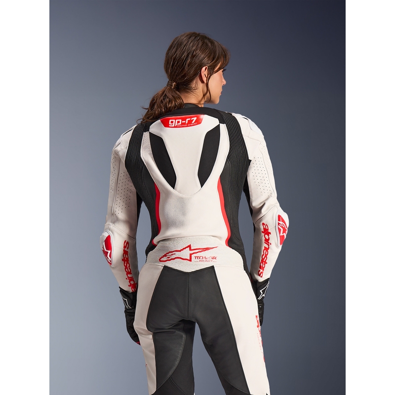Combinaison moto en cuir une pièce pour femme Alpinestars Stella GP-R7 blanc-rouge fluo-noir
