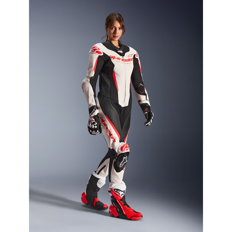 Combinaison moto en cuir une pièce pour femme Alpinestars Stella GP-R7 blanc-rouge fluo-noir