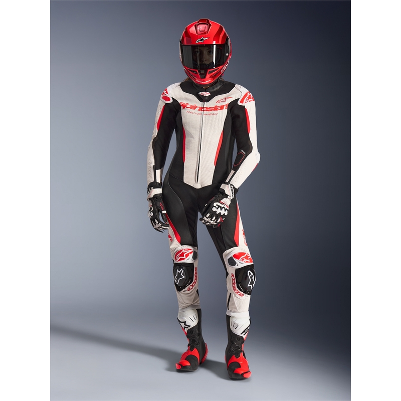 Combinaison moto en cuir une pièce pour femme Alpinestars Stella GP-R7 blanc-rouge fluo-noir