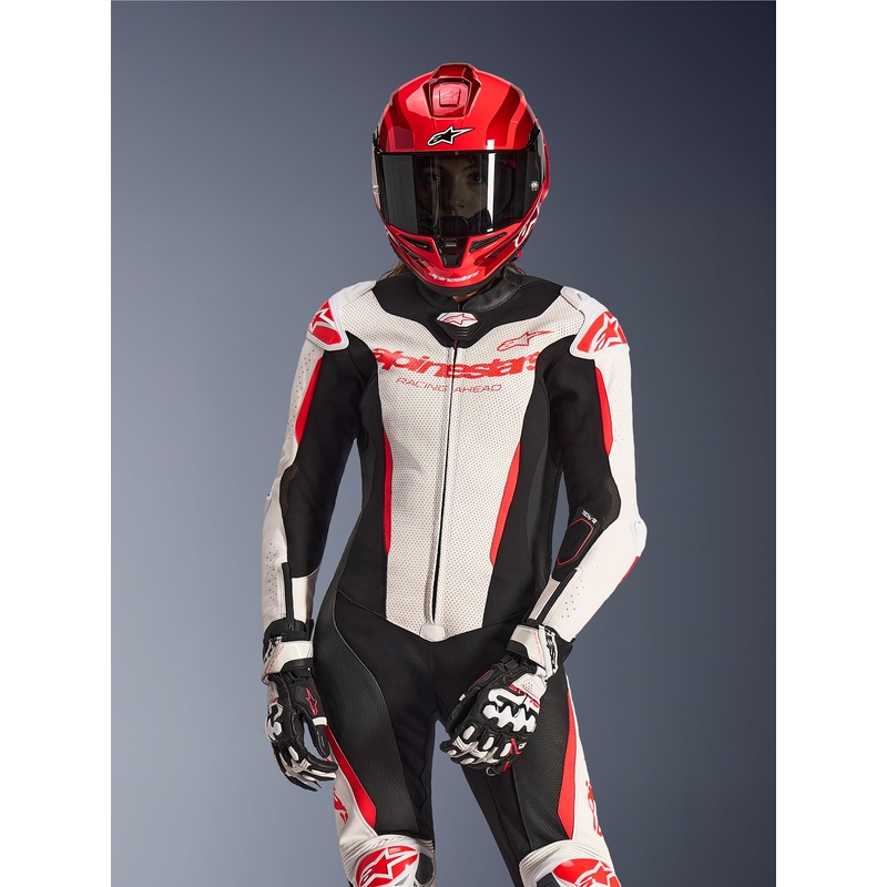 Combinaison moto en cuir une pièce pour femme Alpinestars Stella GP-R7 blanc-rouge fluo-noir