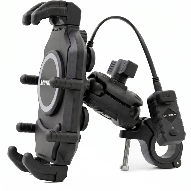 Support de téléphone anti-vibration avec chargeur sans fil et port USB-C MotoZem M26-C1 noir