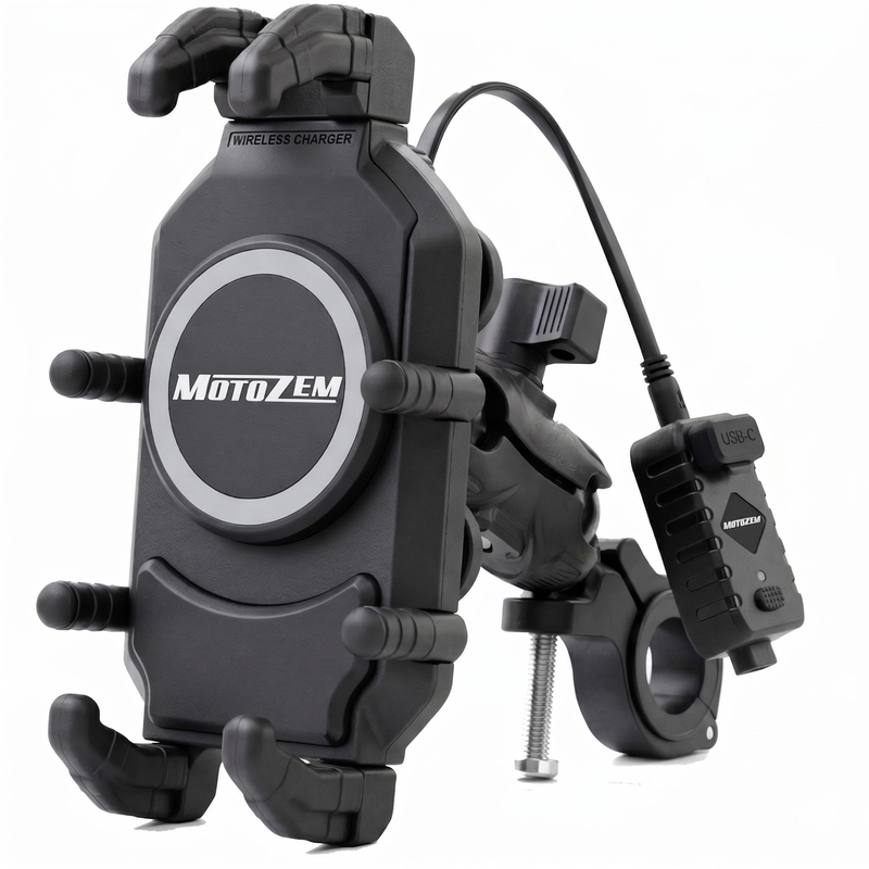 Support de téléphone anti-vibration avec chargeur sans fil et port USB-C MotoZem M26-C1 noir