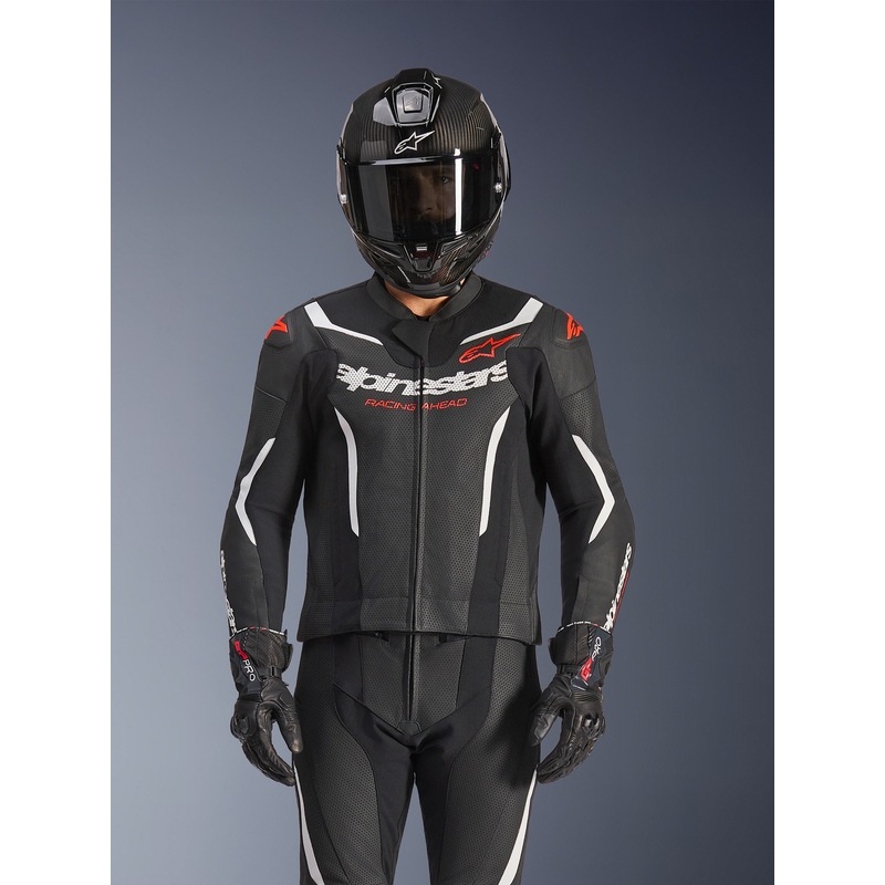 Combinaison Alpinestars GP Force V2 deux pièces en cuir noir-blanc-rouge fluo