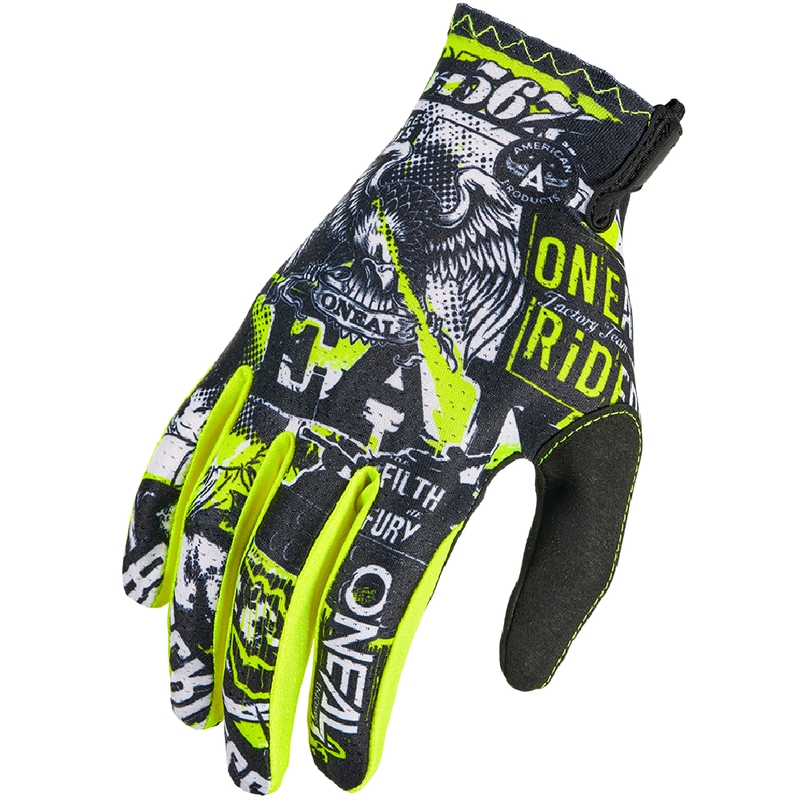 Gants de motocross O'Neal Matrix Attack pour enfants, noir et jaune fluo