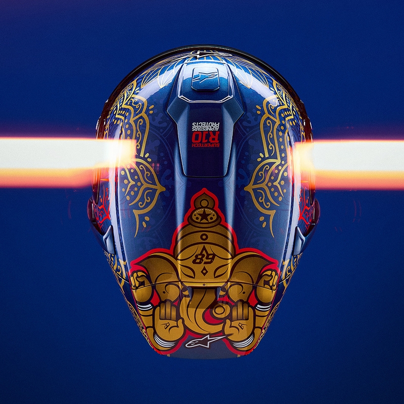 Casque intégral de moto Alpinestars Supertech R10 Marthainator édition limitée JORGE MARTIN bleu perle or rouge