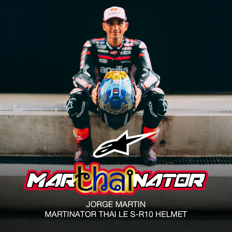 Casque intégral de moto Alpinestars Supertech R10 Marthainator édition limitée JORGE MARTIN bleu perle or rouge