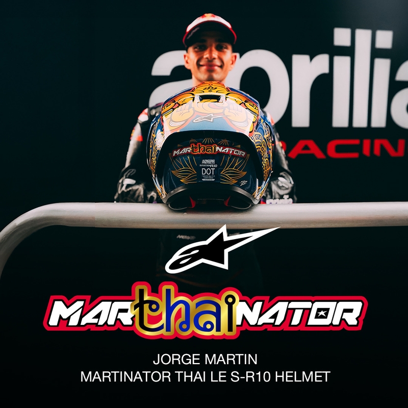 Casque intégral de moto Alpinestars Supertech R10 Marthainator édition limitée JORGE MARTIN bleu perle or rouge