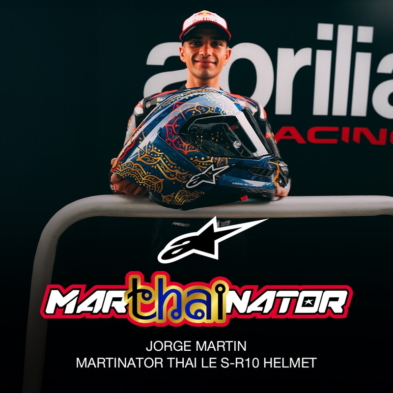 Casque intégral de moto Alpinestars Supertech R10 Marthainator édition limitée JORGE MARTIN bleu perle or rouge