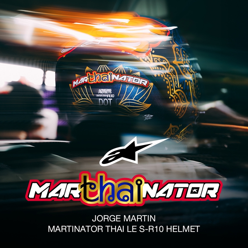 Casque intégral de moto Alpinestars Supertech R10 Marthainator édition limitée JORGE MARTIN bleu perle or rouge
