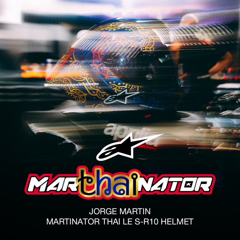 Casque intégral de moto Alpinestars Supertech R10 Marthainator édition limitée JORGE MARTIN bleu perle or rouge