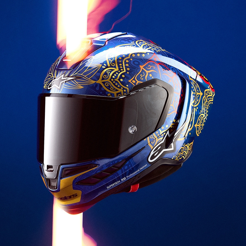 Casque intégral de moto Alpinestars Supertech R10 Marthainator édition limitée JORGE MARTIN bleu perle or rouge