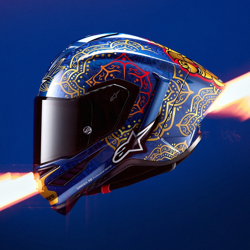 Casque intégral de moto Alpinestars Supertech R10 Marthainator édition limitée JORGE MARTIN bleu perle or rouge