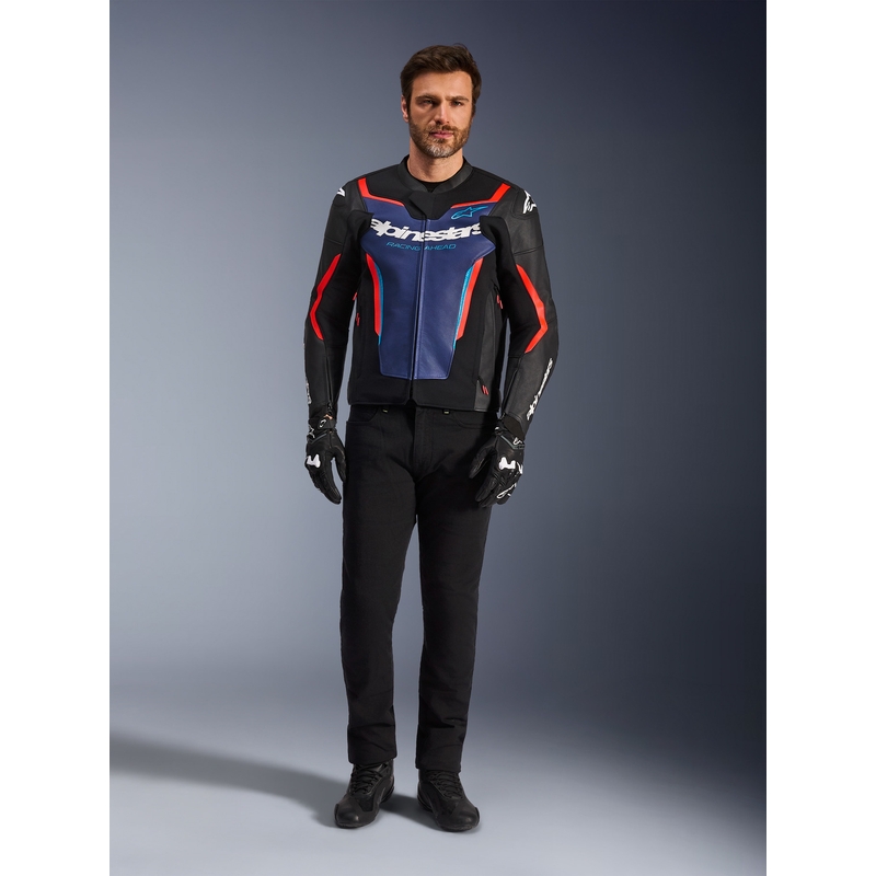 Blouson de moto en cuir Alpinestars GP Force V2 noir-bleu-rouge fluo