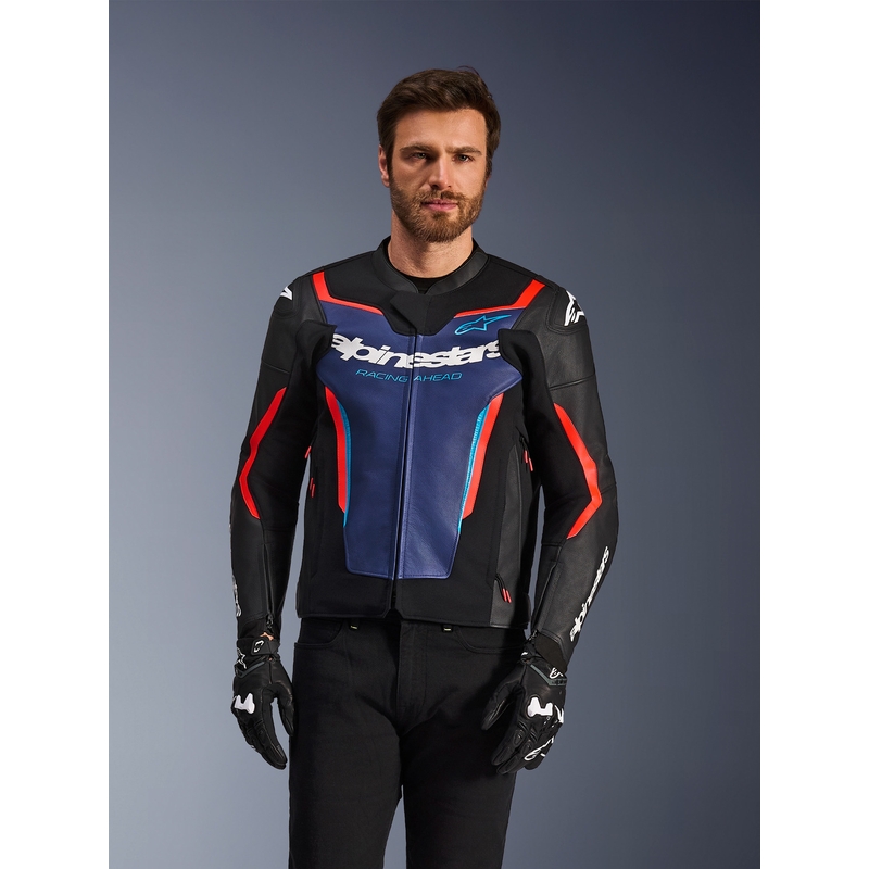Blouson de moto en cuir Alpinestars GP Force V2 noir-bleu-rouge fluo