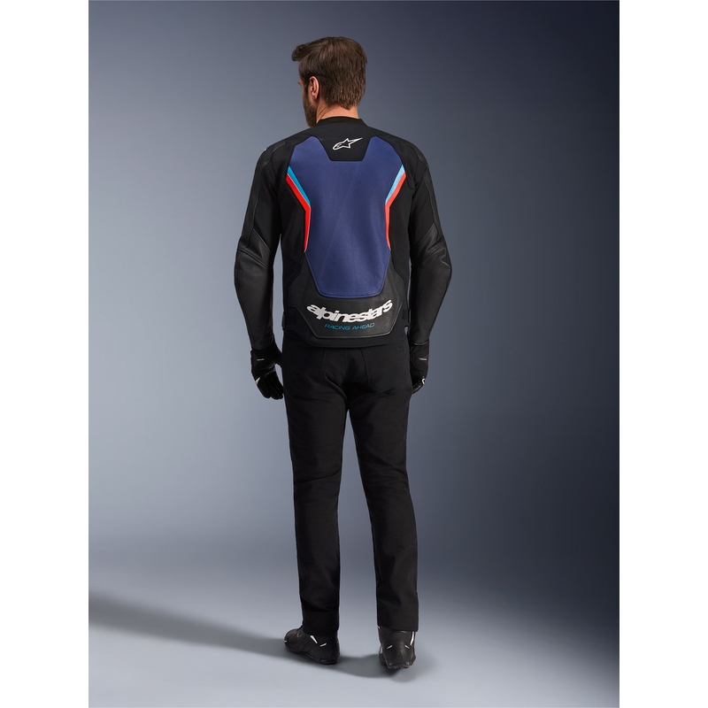 Blouson de moto en cuir Alpinestars GP Force V2 noir-bleu-rouge fluo