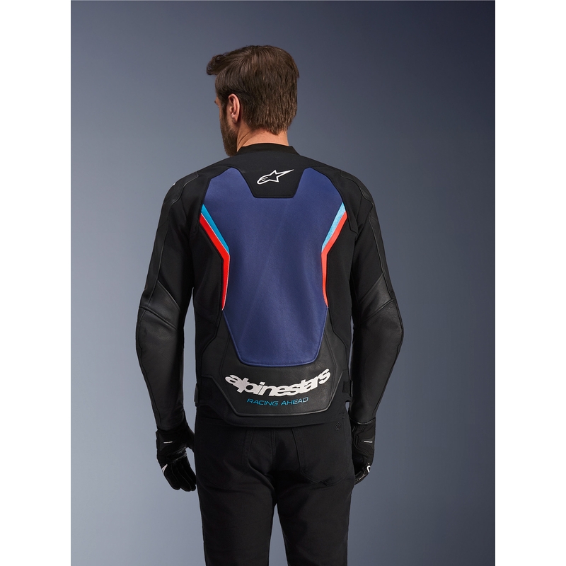 Blouson de moto en cuir Alpinestars GP Force V2 noir-bleu-rouge fluo