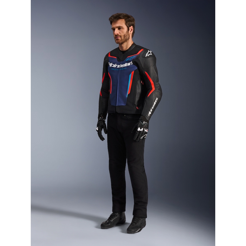 Blouson de moto en cuir Alpinestars GP Force V2 noir-bleu-rouge fluo