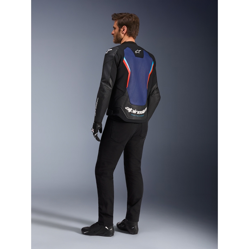 Blouson de moto en cuir Alpinestars GP Force V2 noir-bleu-rouge fluo