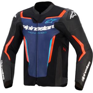 Blouson de moto en cuir Alpinestars GP Force V2 noir-bleu-rouge fluo