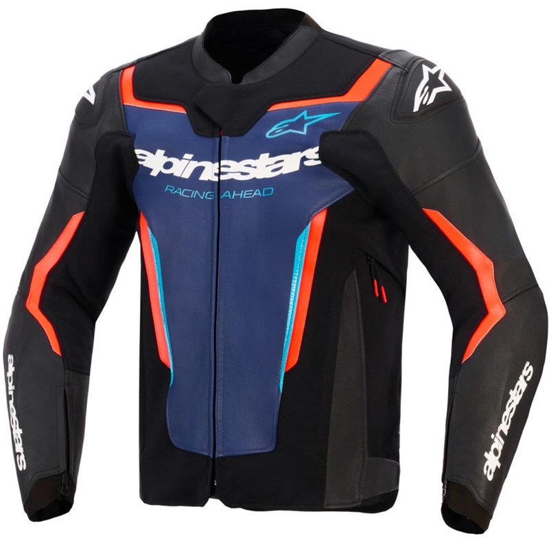 Blouson de moto en cuir Alpinestars GP Force V2 noir-bleu-rouge fluo