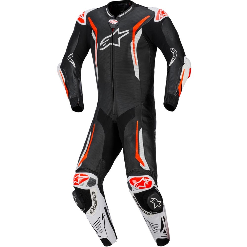 Combinaison de moto Alpinestars GP TECH V5 en cuir monobloc noir-blanc-rouge fluo