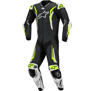 Combinaison de moto Alpinestars GP TECH V5 en cuir monobloc noir-blanc-jaune fluo