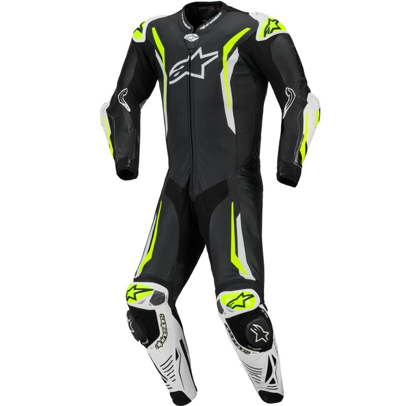 Combinaison de moto Alpinestars GP TECH V5 en cuir monobloc noir-blanc-jaune fluo