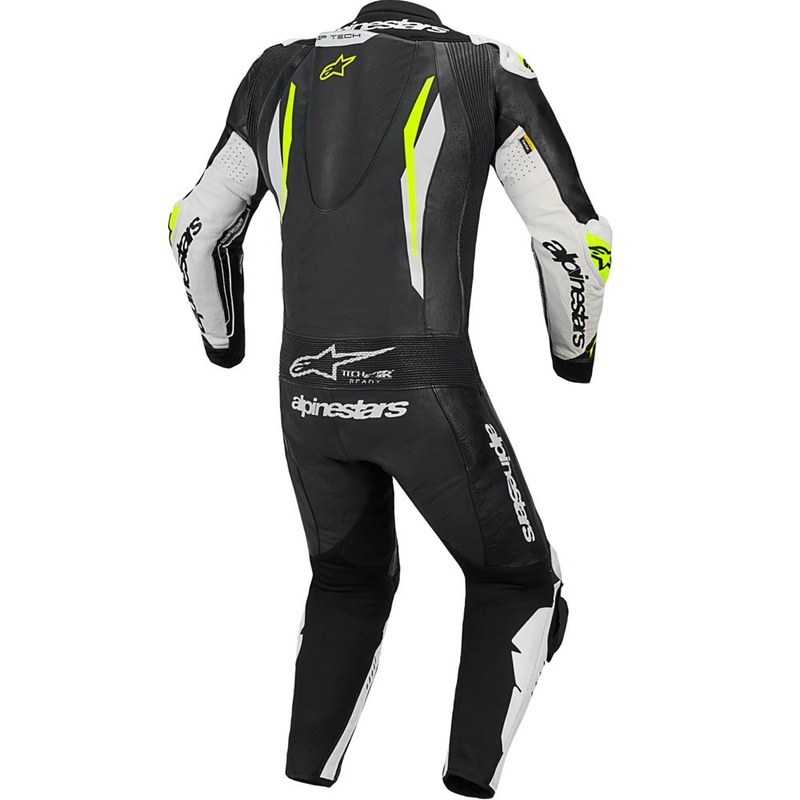 Combinaison de moto Alpinestars GP TECH V5 en cuir monobloc noir-blanc-jaune fluo