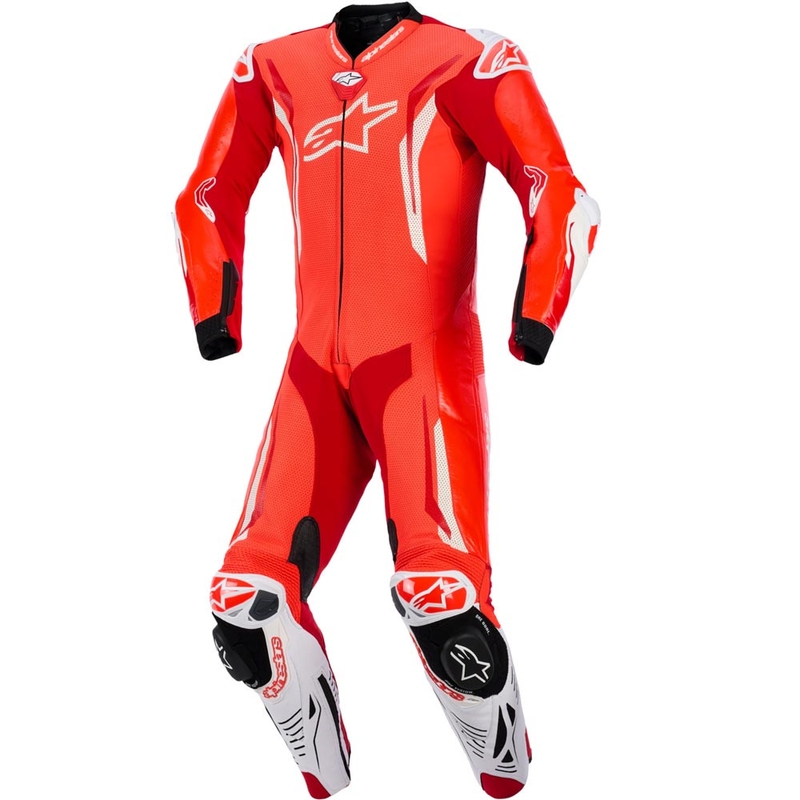 Combinaison de moto Alpinestars GP TECH V5 en cuir monobloc rouge fluo-rouge-blanc