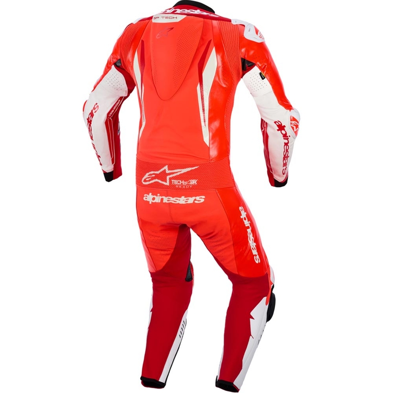 Combinaison de moto Alpinestars GP TECH V5 en cuir monobloc rouge fluo-rouge-blanc
